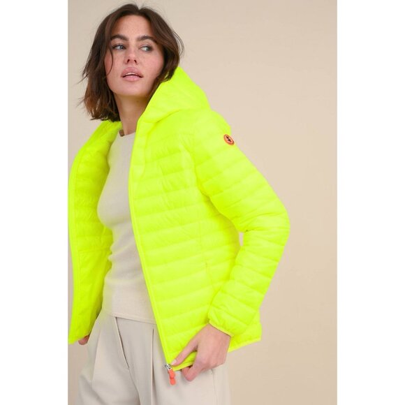 Save The Duck Lightweight Fluo Yellow Kyla Hooded Puffer Jacket Womens Medium - Picture 2 of 9